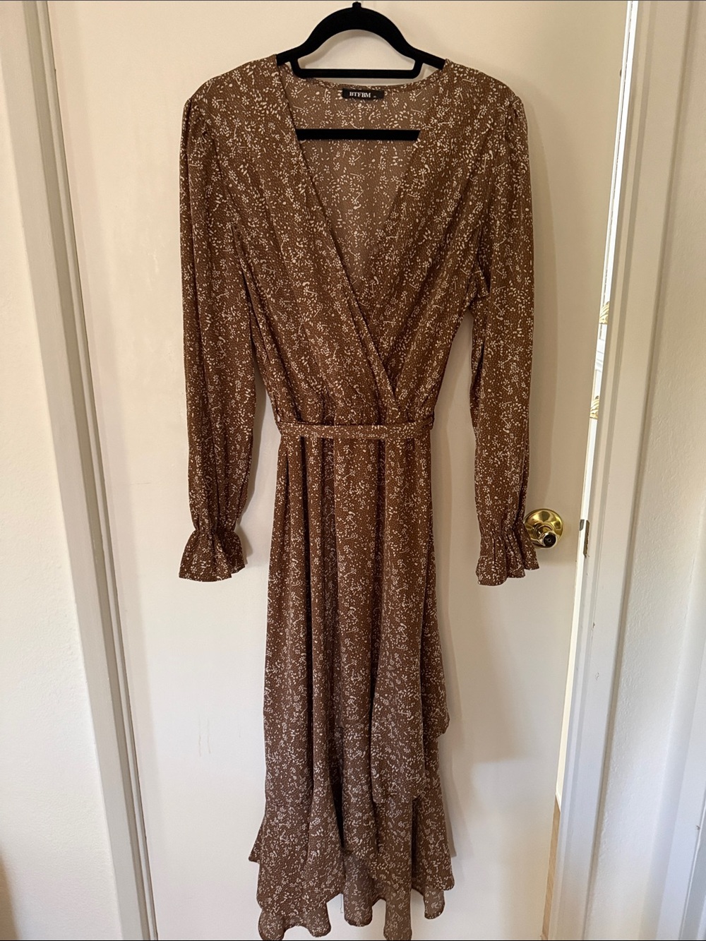 BTFBM Brown Floral Wrap Midi Dress - Women XL